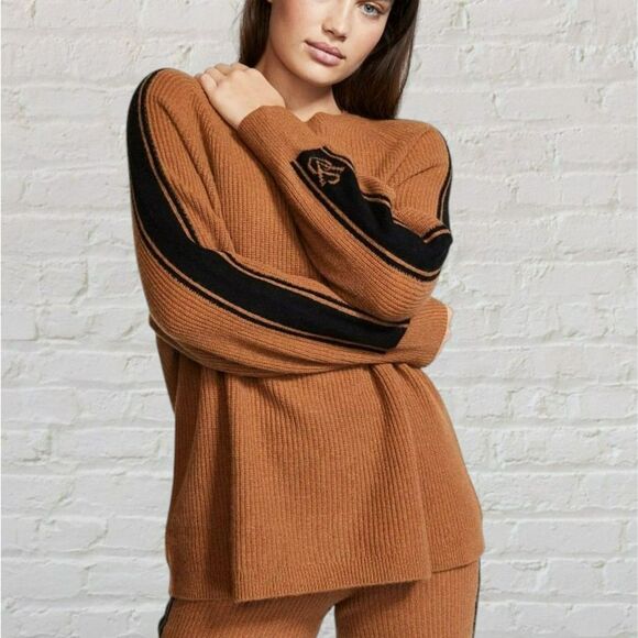 Victoria's Secret Cashmere Sweater Size M Striped Long Sleeve Camel VS Logo - Picture 1 of 16